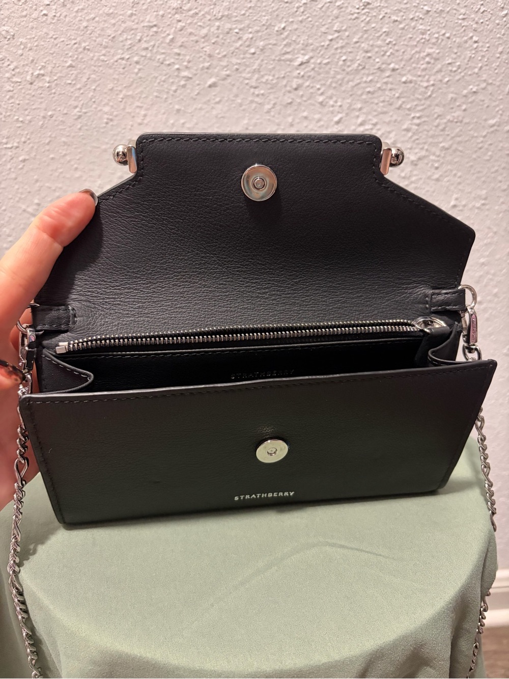 Strathberry Black Leather Bar-Detail Chain Wallet Crossbody - Picture 2 of 8